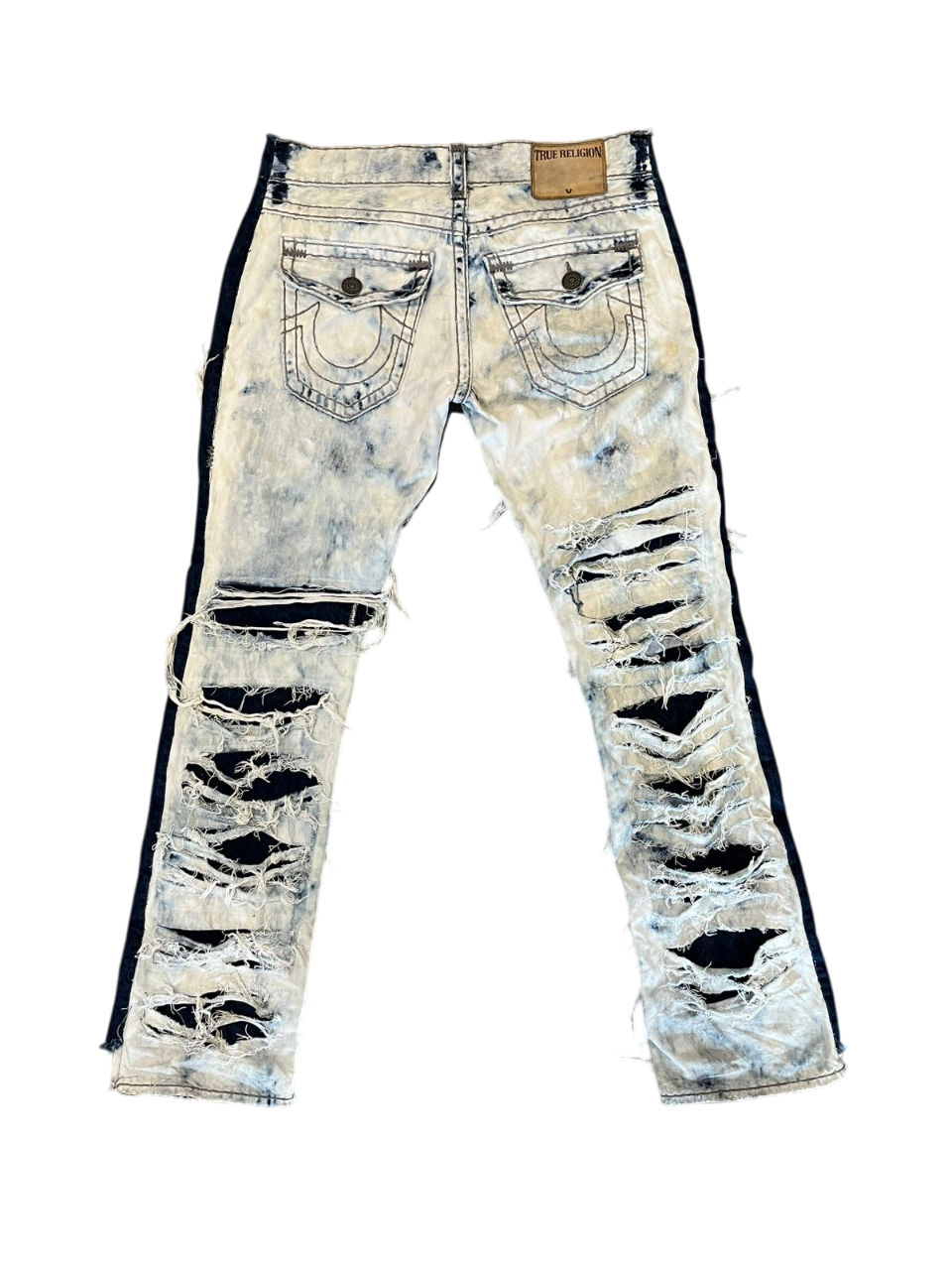 Blue and white distressed jeans