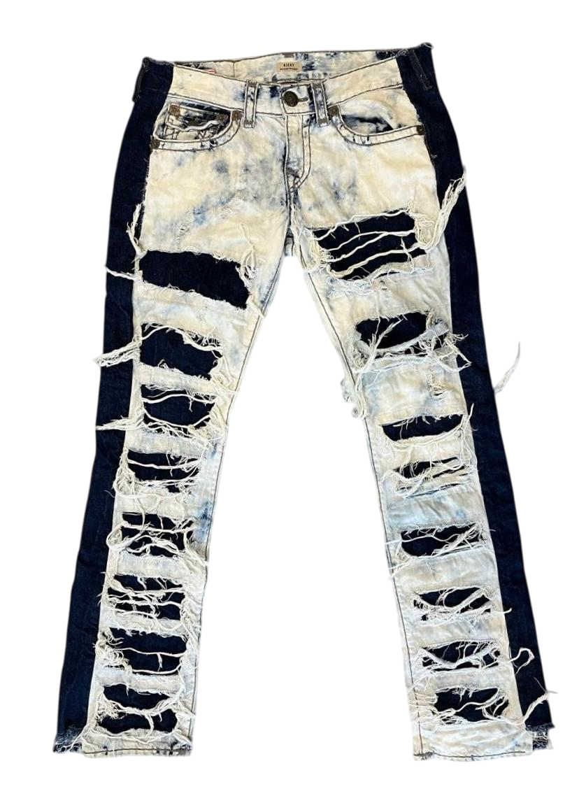 Blue and white distressed jeans