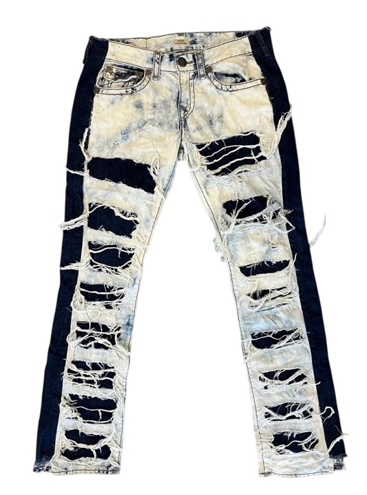 Blue and white distressed jeans